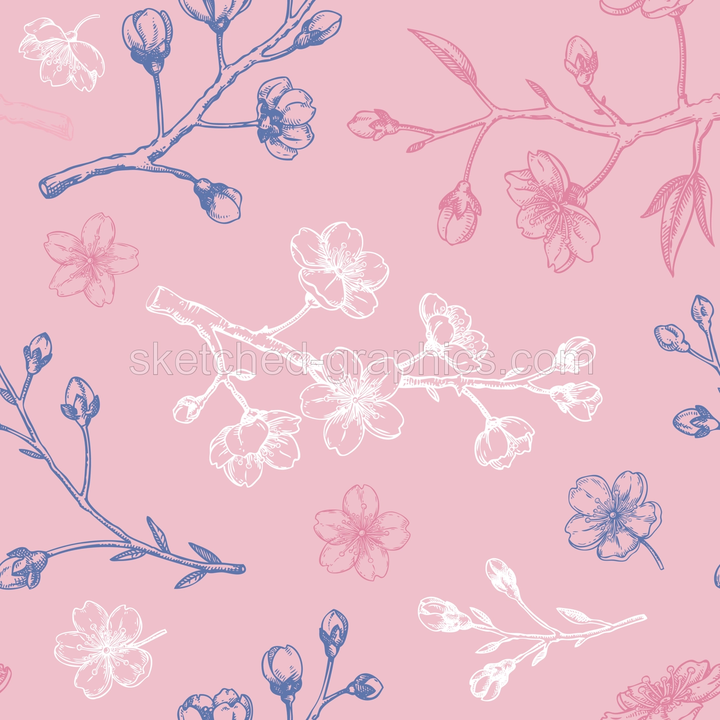 Sakura pattern. Cherry blossom tree background. Blooming flower sketches. Floral seamless design. Hand-drawn vector illustration. NOT AI genereted Illustration
